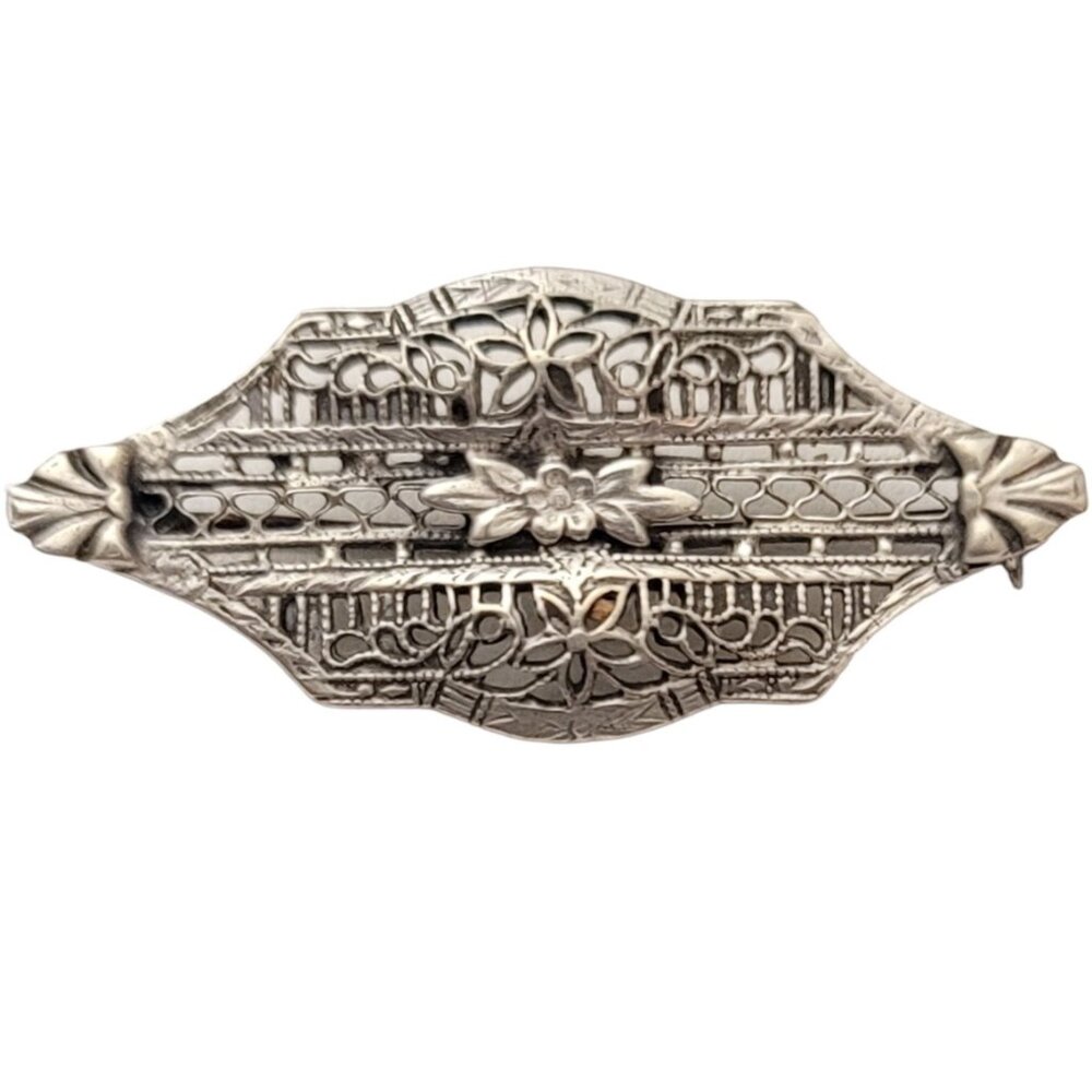Sterling Silver Floral Art Deco Filigree Bar Brooch, M1019